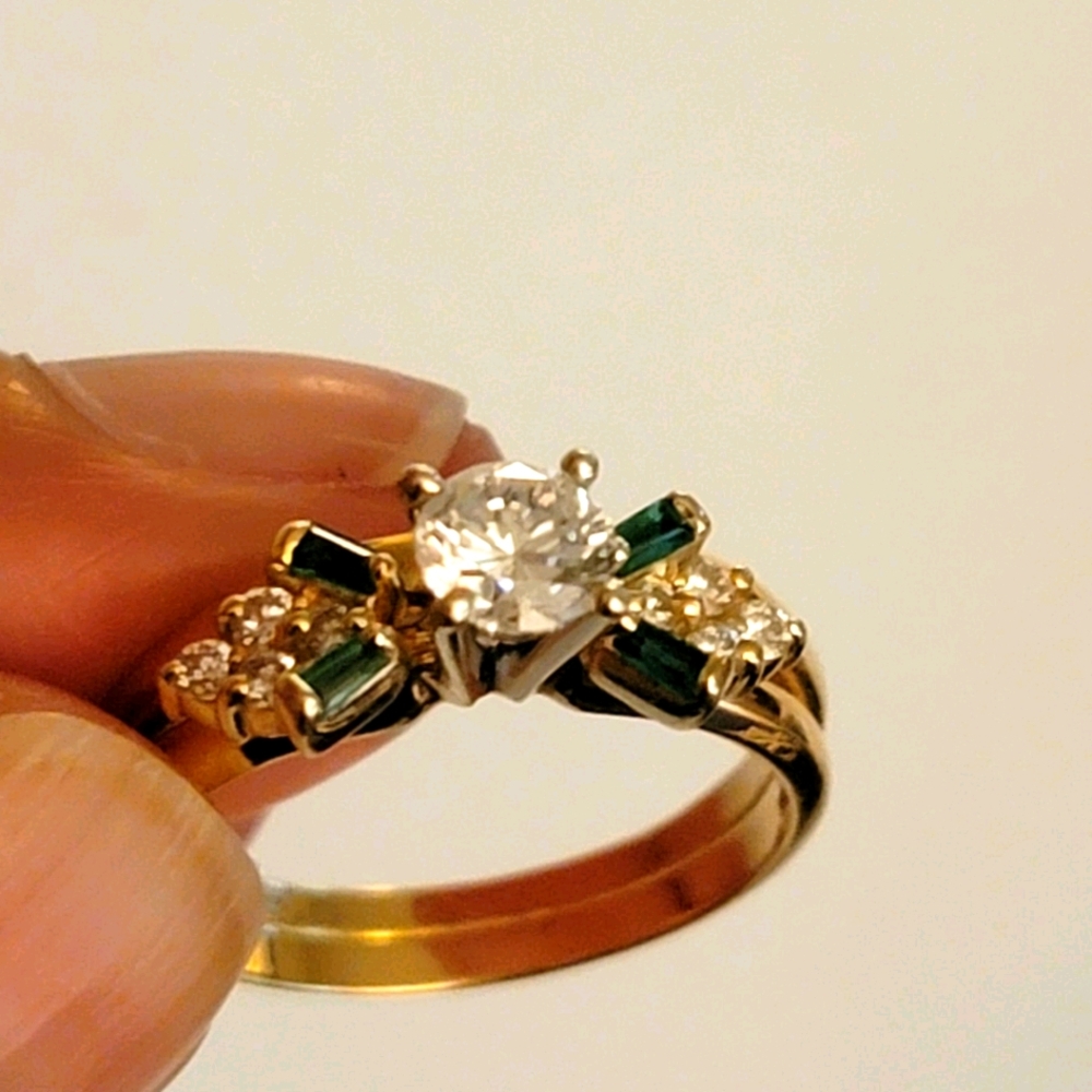 14k gold diamond ring with emerald stones